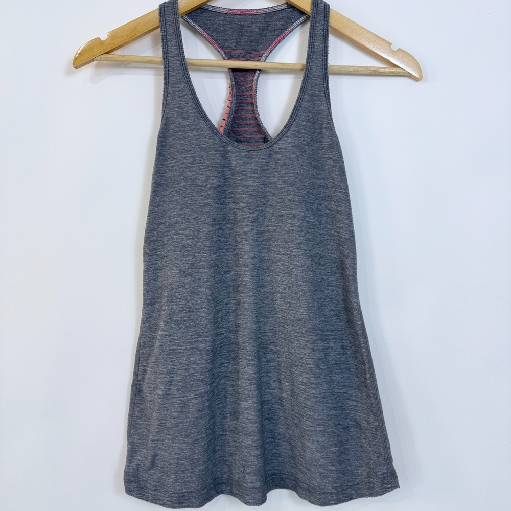 Lululemon Racerback Tank Top Womens 4 Gray Pink Ruffle Lattice Yoga Activewear